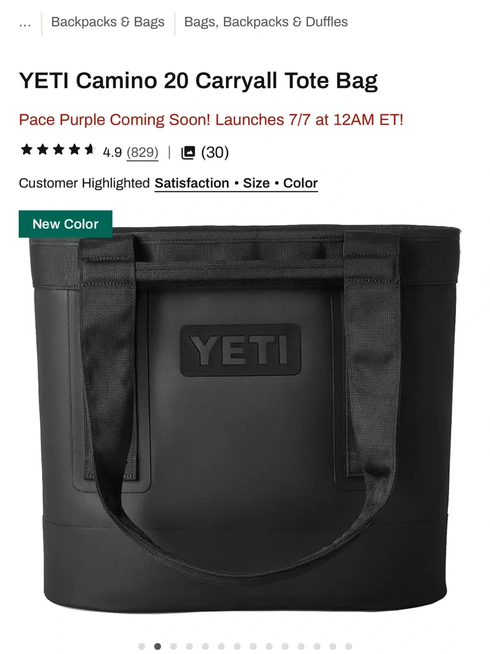 Yeti Black Duffel Tote Bag , Camino 20 carryall